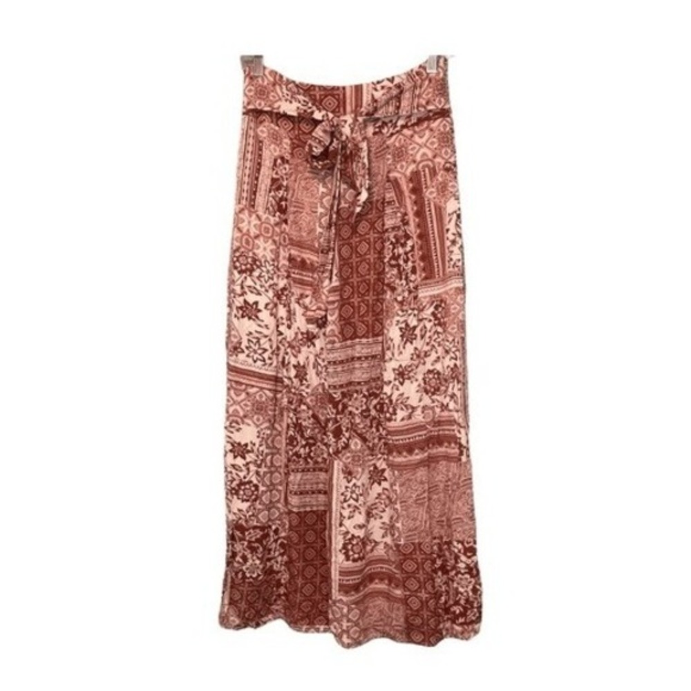 Onetheland Wide Leg‎ Palazzo Pants Maroon White Flowy Print High Waisted S
